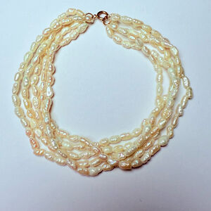 14k Gold 5 Strand 2.5mm Freshwater Rice Cultured Pearl Bracelet 7.5" Vintage